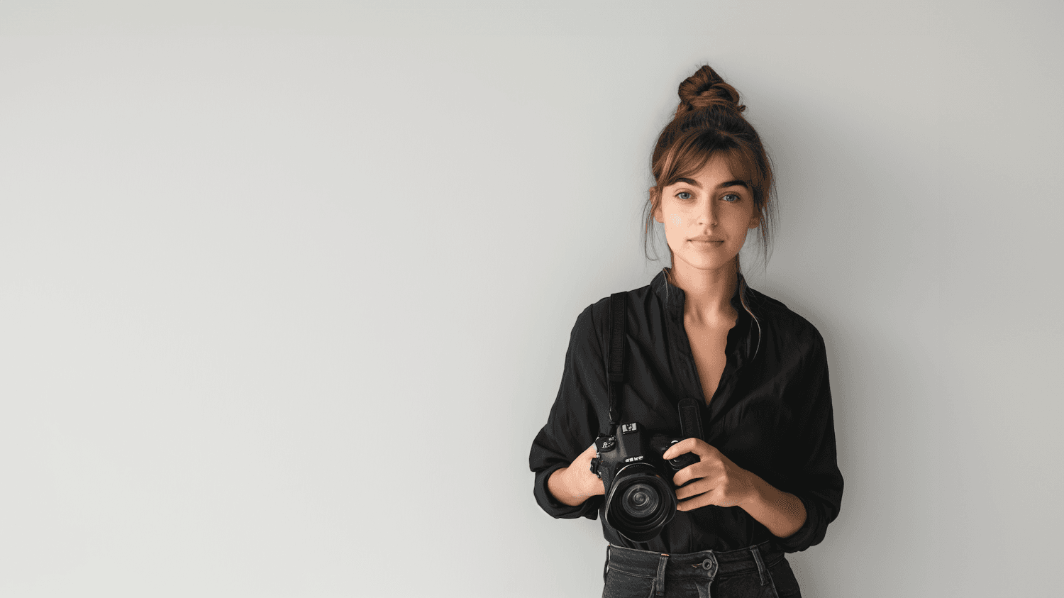 Content lead holding a camera in the studio
