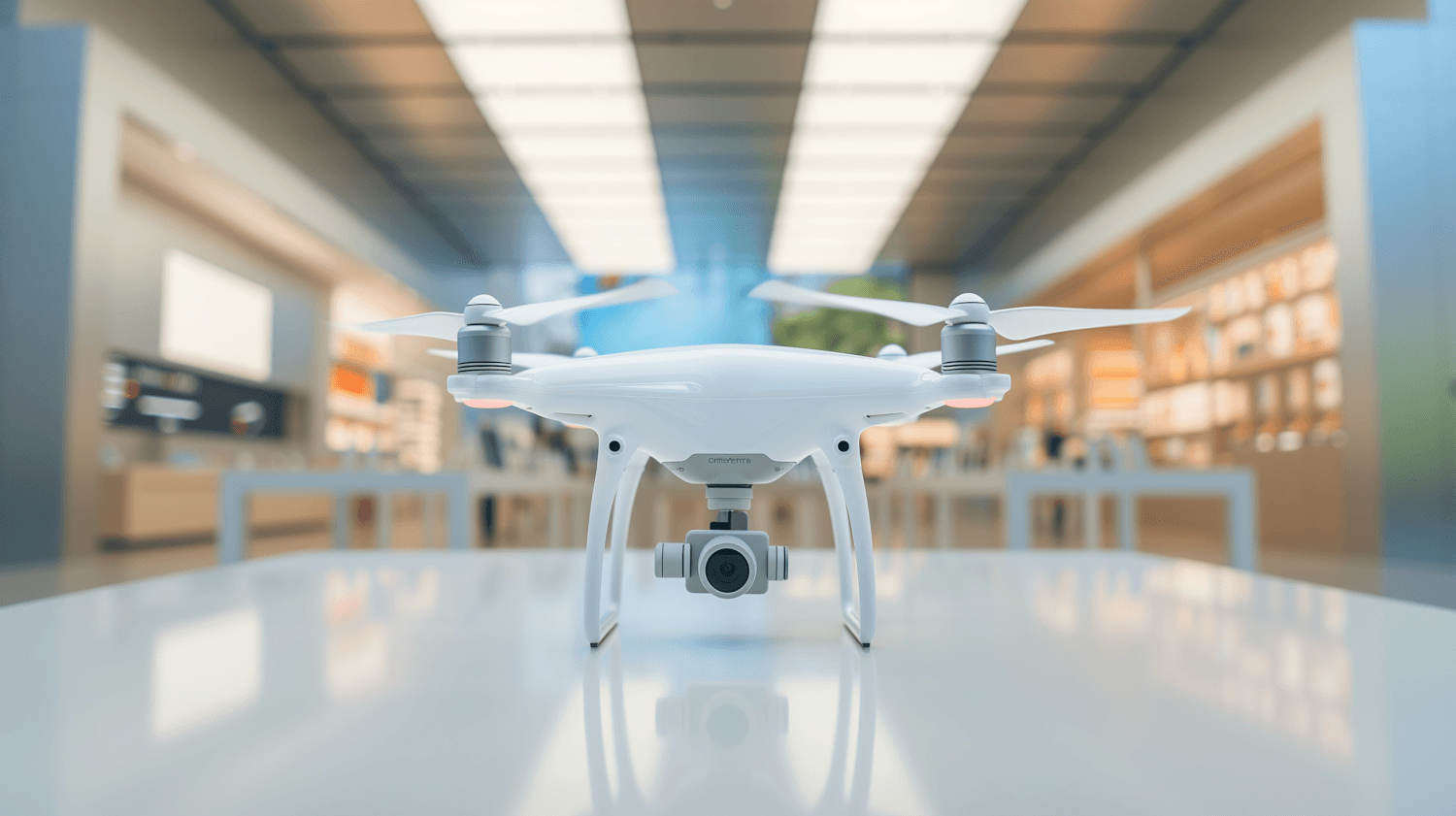 White camera drone on display in a bright store