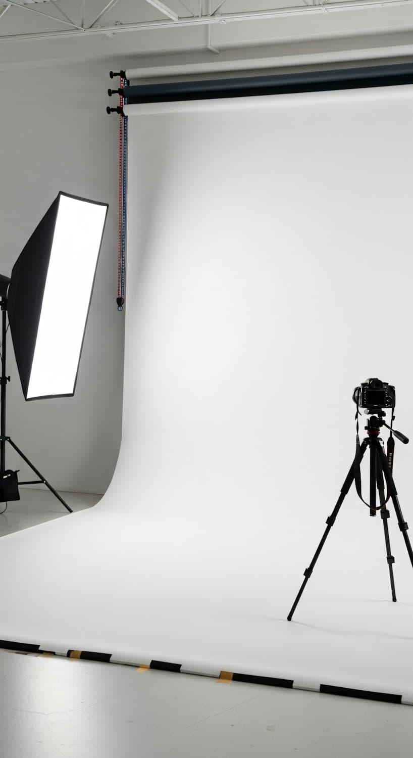Photo studio with a white backdrop, softbox and camera