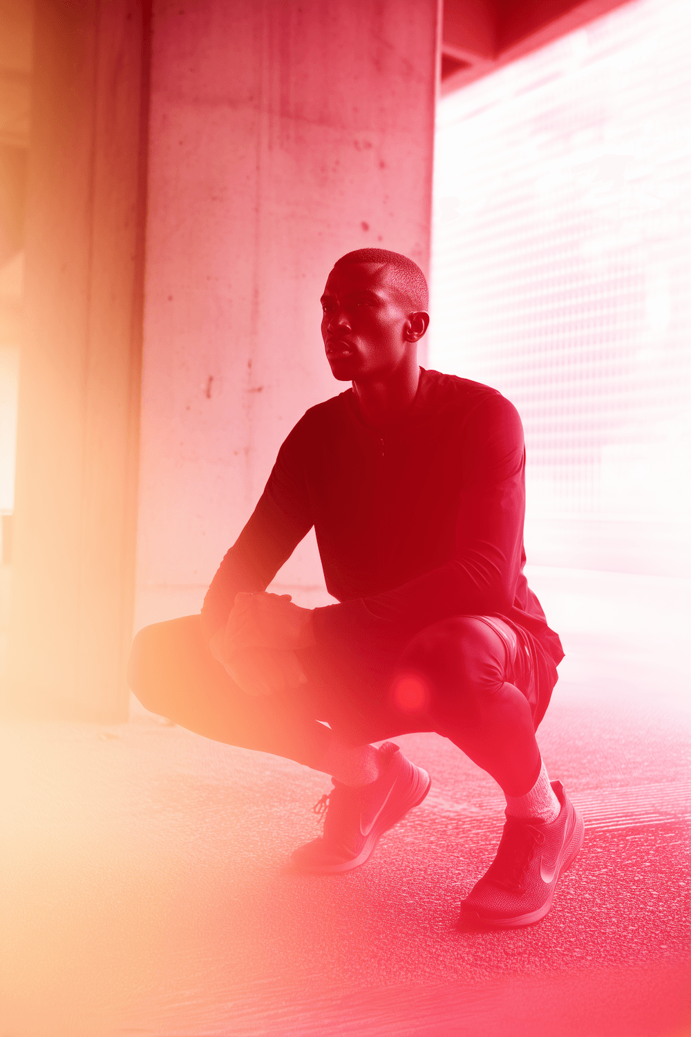 Athlete crouching in a concrete space washed in red light