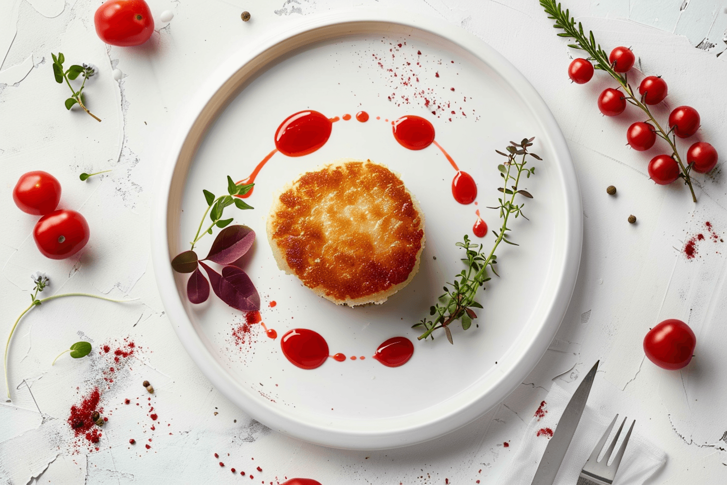 Plated dish with red sauce, fresh herbs and cherry tomatoes
